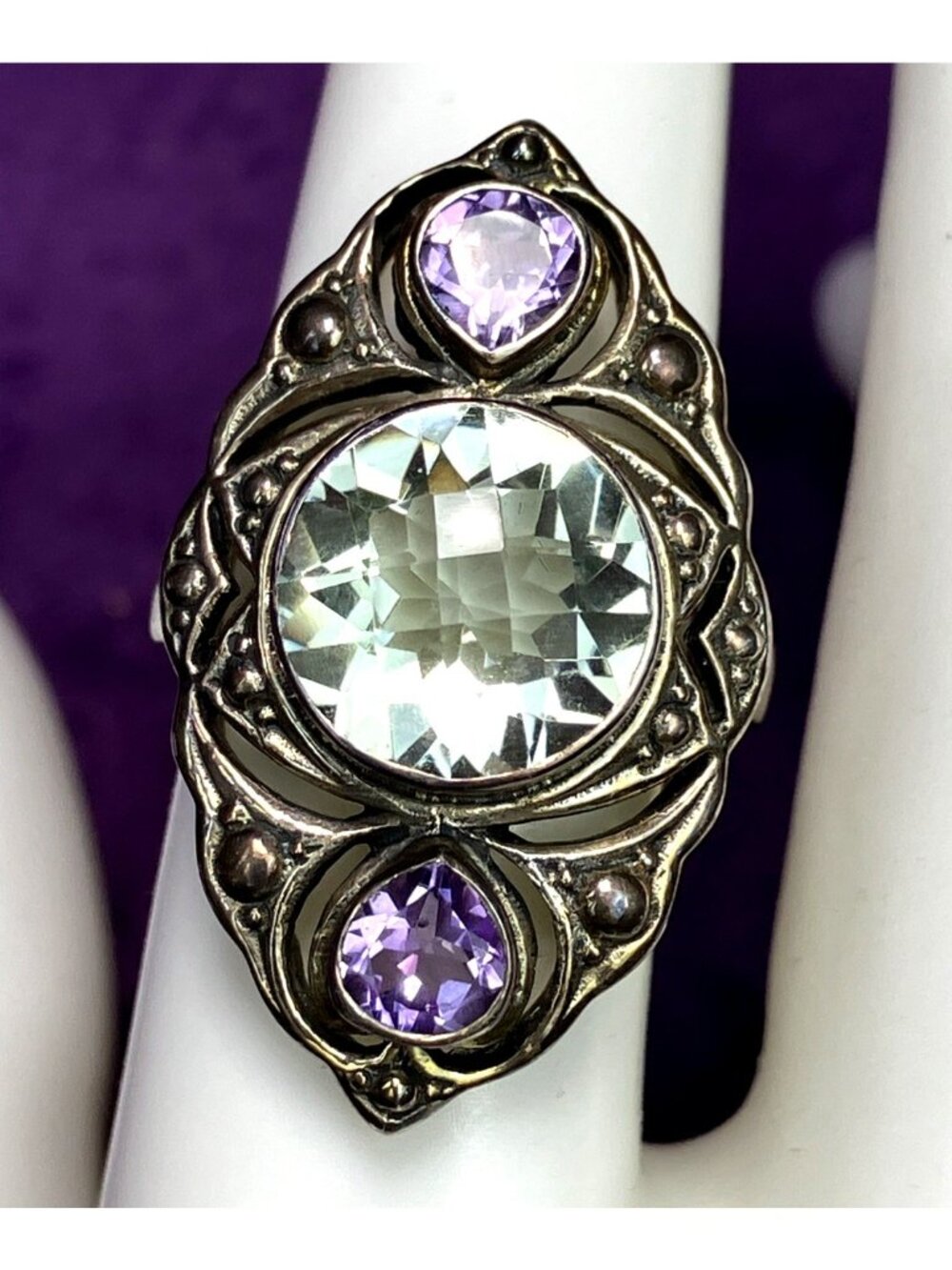 Sz 7 Nickey Butler 925 Sterling Art Deco Prasolite Amethyst Lozenge Ring